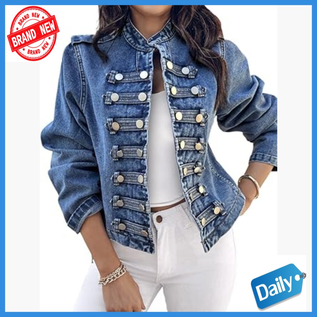 Lightweight Denim Jacket With Stand Collar, Long Sleeve Fall Coat